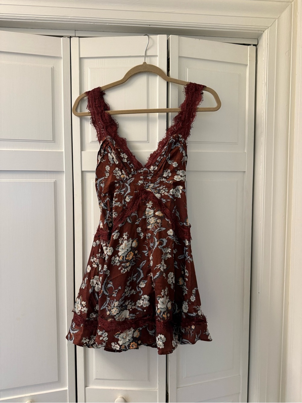 Urban Outfitters Burgundy Floral Lace-Trim Mini Dress